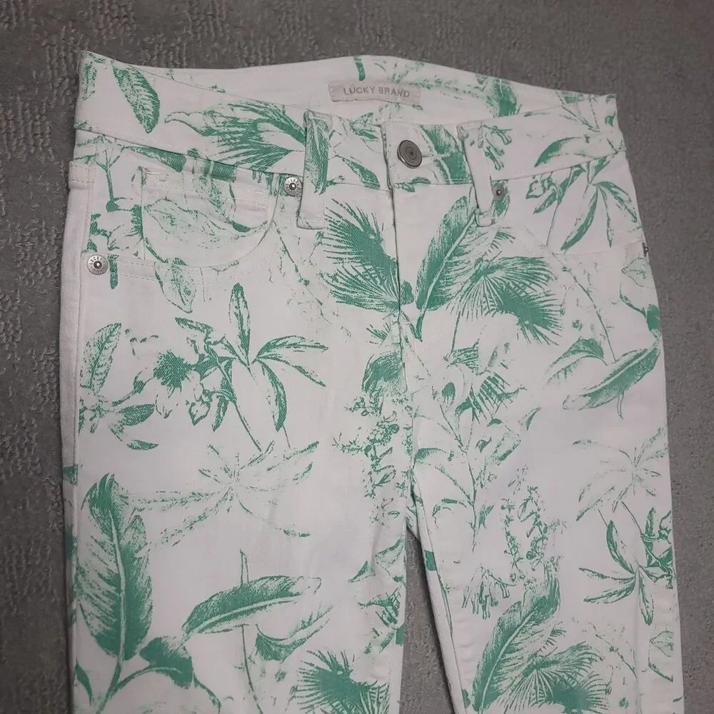 Lucky Brand Low Rise Crop Lolita Pants Womens 00/24 White Green Leaf Denim